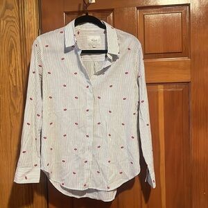 Rails White Striped Casual Button Down Shirt with Red Lips